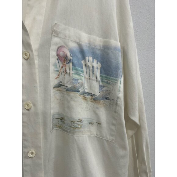 Vintage Tiger Lily Beach Scene Button-Down Womens Shirt Cream White Pink Collar - Picture 4 of 9